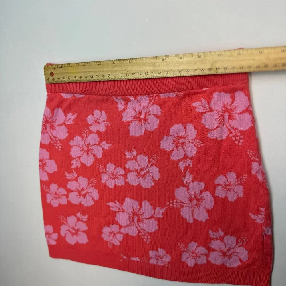 Art Class Hibiscus Knit Mini Skirt L 10/12 Red Pink Floral Y2K Coconut Girl Boho - Picture 8 of 10